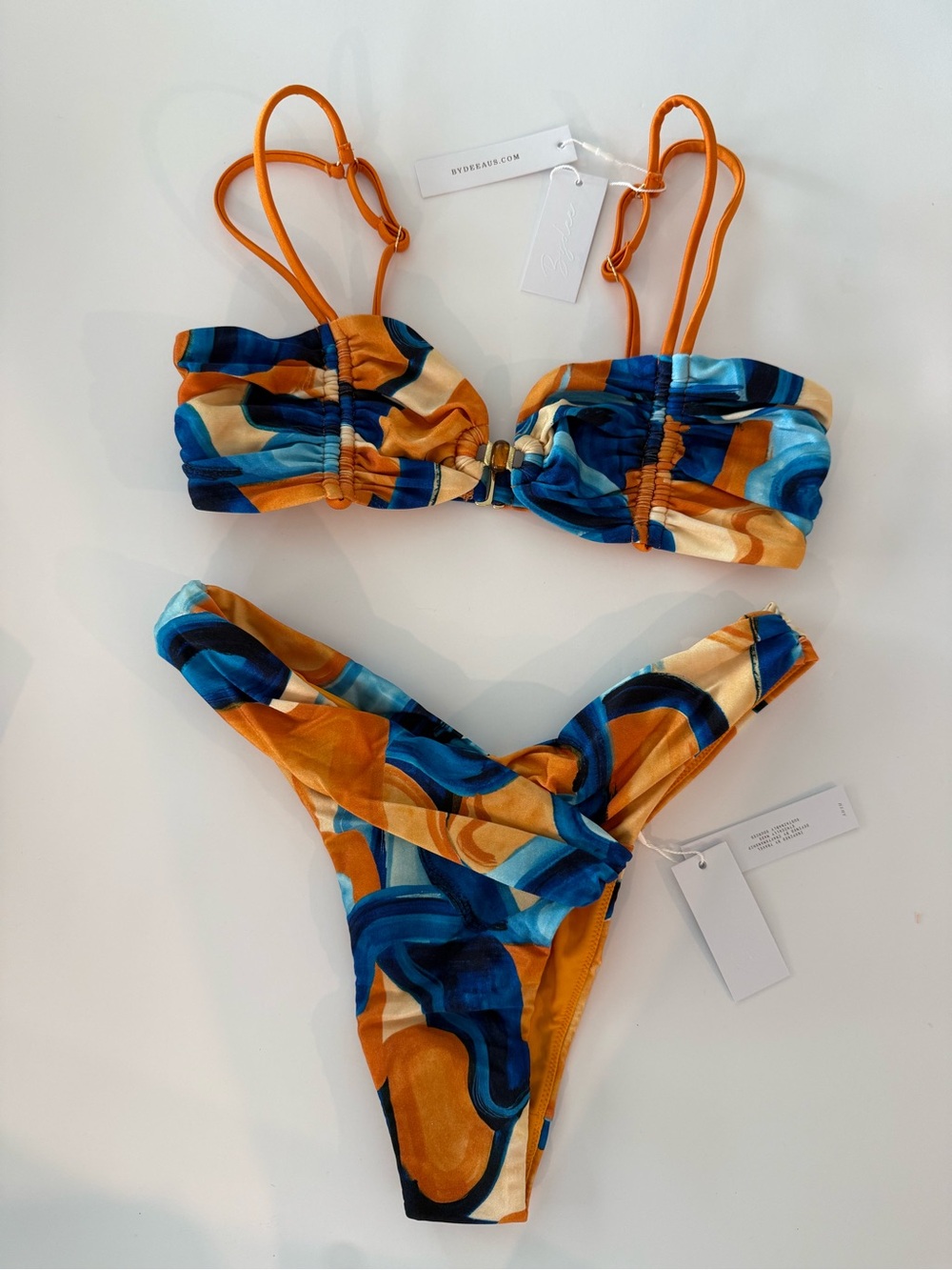 Orange & Blue Abstract Print Bandeau Bikini Set - Women Swim